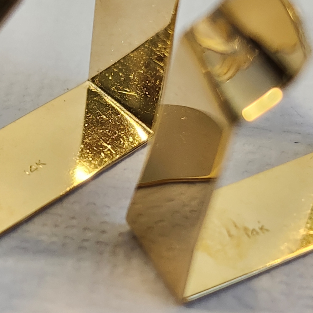 Very VTG Italian 80s 14K Gold Modernist Geometric Hoop & Diamond Earrings 3.30g - Picture 7 of 16